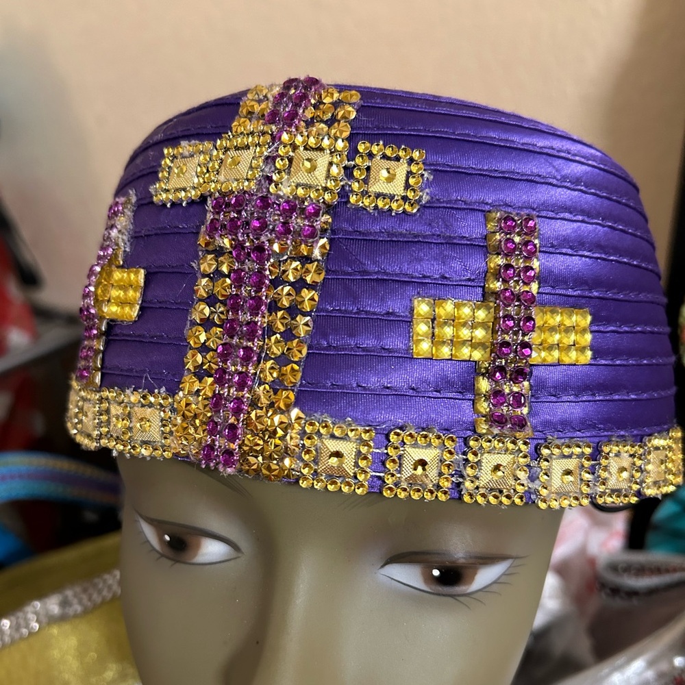 Royal Purple Gold Embellished Hat with Cross Pattern